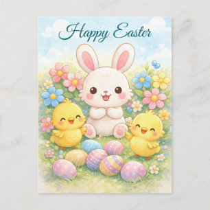 Cartão Postal De Festividades Coelho da Páscoa Feliz e Pintinhos Pastel Adorável