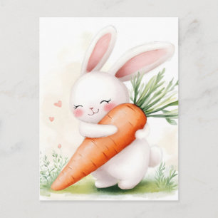 Cartão Postal De Festividades Coelho da Primavera em Aquarela Fofa com Cenoura