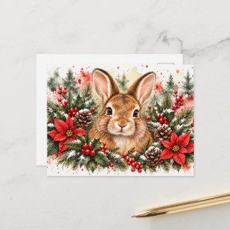 Cartão Postal De Festividades Coelho de Natal – Aquarela de Coelho Festivo