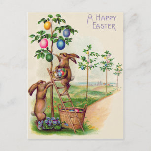 Cartão Postal De Festividades Coelho de Páscoa Árvore de Ovos Coloridos