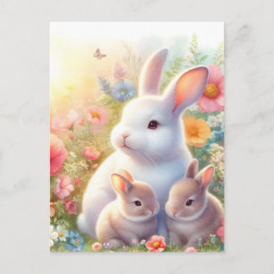 Cartão Postal De Festividades Coelho de Páscoa da Primavera Família Jardim Flora