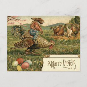 Cartão Postal De Festividades Coelho de Páscoa Galo Ovo Colorido Montando