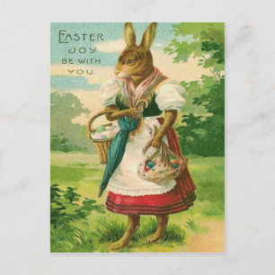 Cartão Postal De Festividades Coelho de Páscoa Mulher Cesta Ovo Colorido