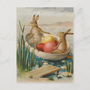 Cartão Postal De Festividades Coelho do Dia de Páscoa Ovo Colorido Barco