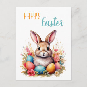Cartão Postal De Festividades Coelho Fofo Ovos Coloridos Flores Feliz Páscoa