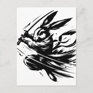 Cartão Postal De Festividades Coelho Guerreiro Samurai Tinta Preta