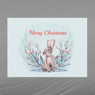 Cartão Postal De Festividades Coelho Natal Berries Watercolor