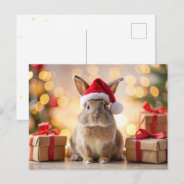 Cartão Postal De Festividades Coelho Natal sentado com um chapéu de Papai Noel (Frente/Verso)