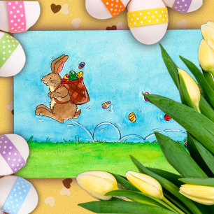 Cartão Postal De Festividades Coelho Saltador Feliz Páscoa com Ovos