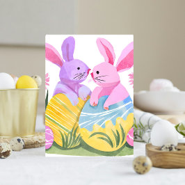Cartão Postal De Festividades Coelhos de Ovos de Páscoa | Aquarela Pastel