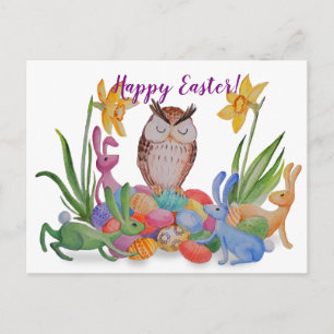 Cartão Postal De Festividades Coelhos de Páscoa e Coruja