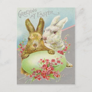 Cartão Postal De Festividades Coelhos de Páscoa Vintage com Ovo de Páscoa Cartão