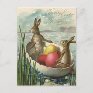 Cartão Postal De Festividades Coelhos de Páscoa Vintage em um Barco com Ovos de