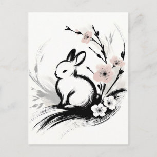 Cartão Postal De Festividades Coelhos Zen Minimalistas da Primavera com Flor de