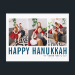Cartão Postal De Festividades Colagem de Fotografia Azul Típica Feliz Hanukkah<br><div class="desc">Feliz Hanukkah! Cartaz de colagem de fotos Feliz Hanukkah personalizável,  com tipografia simples azul e padrão de neve. Personalize adicionando três fotos,  nomes,  ano e outros detalhes. Este cartão-postal moderno de Chanucá está disponível em outras cores e estoque de papelão.</div>