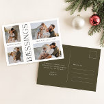 Cartão Postal De Festividades Colagem de Fotografias de Bênção de Natal Simples<br><div class="desc">Este Cartão-postal de Natal Simples para a Família Beneficia Foto Collage combina elegância e personalização para o cartões de natal perfeito. Apresentando quatro fotos da família em um design limpo e minimalista, ele destaca suas memórias queridas enquanto oferece uma reviravolta moderna com sua mensagem vertical de "Bênçãos" em elegante cartaz...</div>