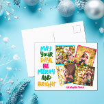 Cartão Postal De Festividades Colagem de Fotografias de Natal Colorida feliz Bri<br><div class="desc">Cartões de natal de colagem de fotos da família, bonitos e alegres, com uma fita colorida de luzes de Natal enroladas à volta da fotografia dos seus filhos. Que seus dias sejam Felizes e brilhantes escritos em letras negrito de azul claro para o nome da sua família em rosa quente....</div>