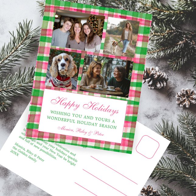 Cartão Postal De Festividades Colagem de Fotografias Personalizada de Natal de X (Chic Preppy Plaid Christmas Custom 4 Photo Collage Holiday Postcard
)