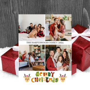 Cartão Postal De Festividades Colagem de Fotos da Família de Script de Reindeer