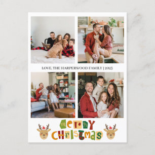 Cartão Postal De Festividades Colagem de Fotos da Família de Script de Reindeer