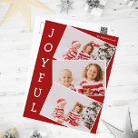 Cartão Postal De Festividades Colagem de Fotos da Família Vermelha 3 Feliz Natal<br><div class="desc">Cartaz de colagem de fotos de Natal vermelho moderno com 3 fotos de crianças em um padrão divertido de fotos sobrepostas com borda branca e a palavra Joyful escrita verticalmente ao lado. Encontre suas três fotos favoritas para estes cartões postais de feriado da família.</div>
