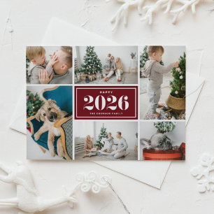 Cartão Postal De Festividades Colagem de Fotos de Ano Novo 2026 Burgundy