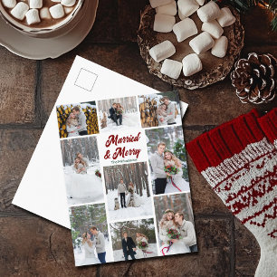 Cartão Postal De Festividades Colagem de Fotos de Casal de Natal Casado e Alegre