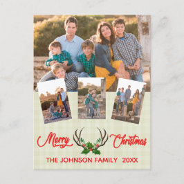 Cartão Postal De Festividades Colagem de Fotos de Natal da Rustic Antlers Holly