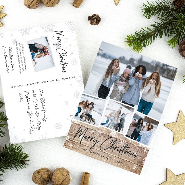 Cartão Postal De Festividades Colagem de Fotos de Natal Rustic Wood Snowflake (Criador carregado)