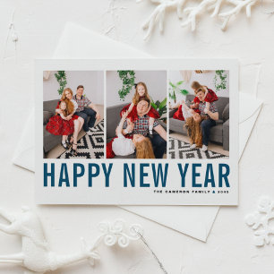 Cartão Postal De Festividades Colagem de Fotos de Tipografia Azul Feliz Ano Novo
