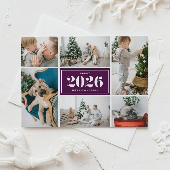 Cartão Postal De Festividades Colagem de Fotos do Feliz ano novo Purple 2025 (Send 2026 new year cheer with this customizable purple photo collage Happy New Year Postcard. )