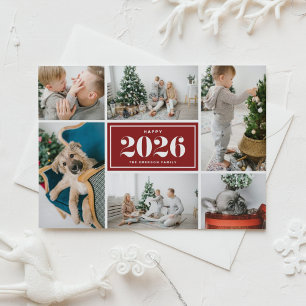 Cartão Postal De Festividades Colagem de Fotos do Feliz ano novo Red 2025