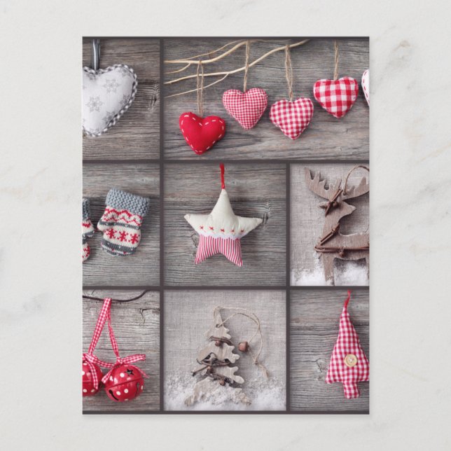 Cartão Postal De Festividades Colagem de fotos do Natal sobre a madeira cinzenta (Frente)