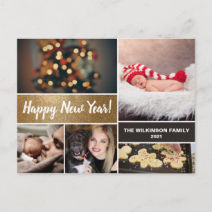 Cartão Postal De Festividades Colagem de Fotos Dourada do Feliz ano novo Persona
