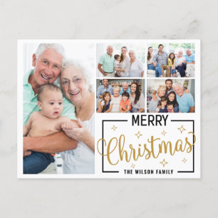 Cartão Postal De Festividades Colagem de Fotos Família 7 Branco Dourado Feliz Na