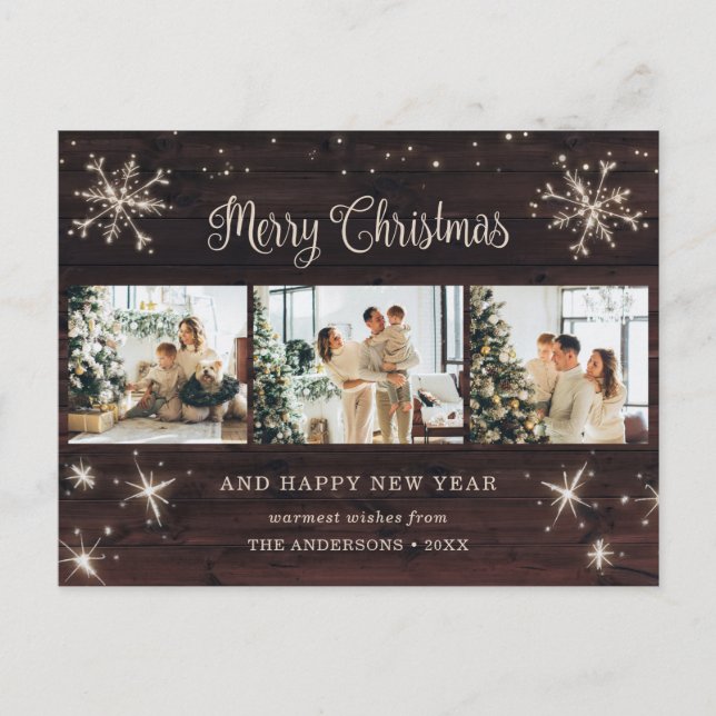 Cartão Postal De Festividades Colagem de Fotos Floco de Neve Rustic Wood (Frente)