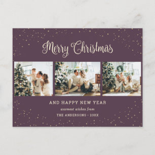 Cartão Postal De Festividades Colagem de Fotos Roxa Moderna Feliz Natal