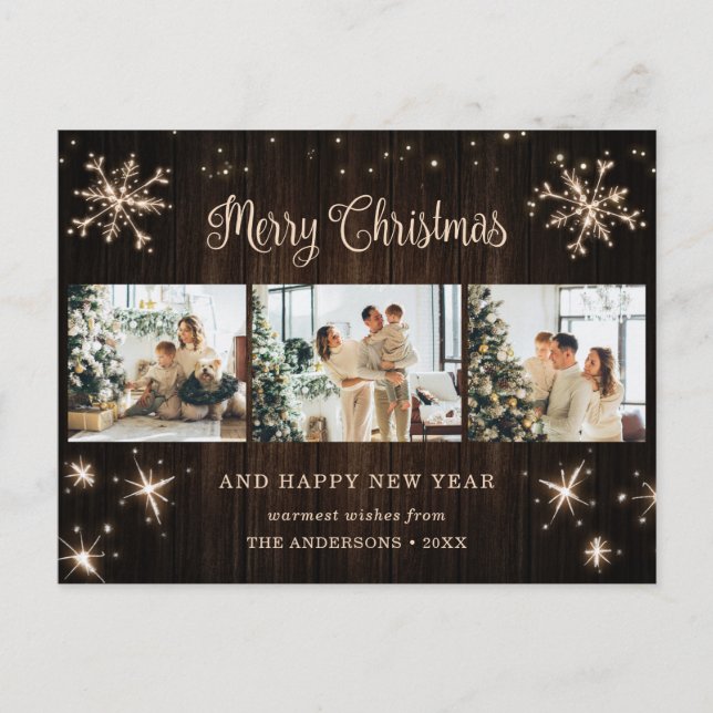 Cartão Postal De Festividades Colagem de Fotos Rustic Wood Snowflake (Frente)