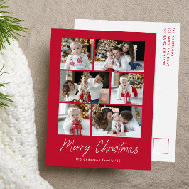 Cartão Postal De Festividades Colagem de Fotos Vermelho com Rótulo de Natal Mode