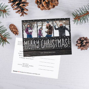 Cartão Postal De Festividades Colagem fotográfica de madeira rústica de Natal 