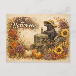 Cartão Postal De Festividades Colheita de Halloween de Trator de Corvo Vintage