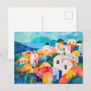 Cartão Postal De Festividades Colinas de Santorini em Tons Abstratos