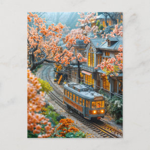 Cartão Postal De Festividades Comboio de primavera miniatura em cerejeiras