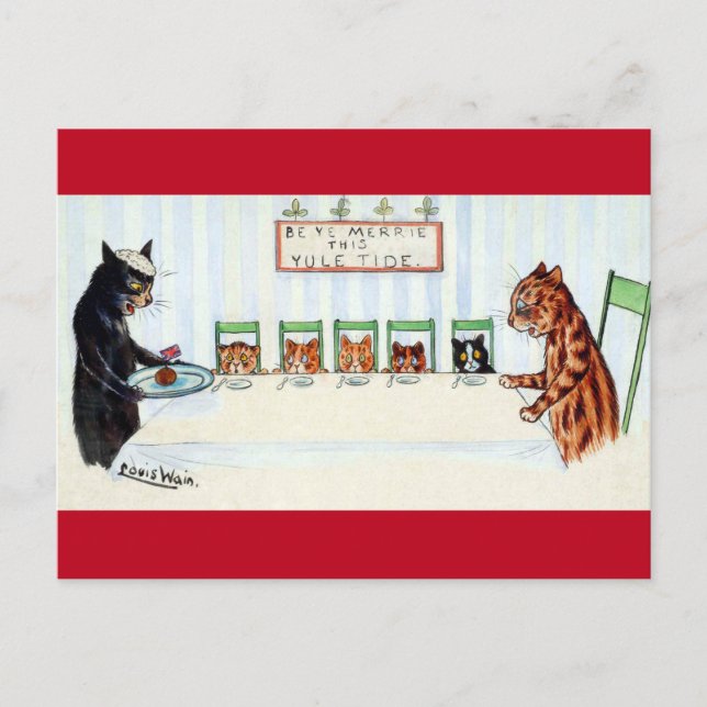 Cartão Postal De Festividades Comida de Natal, Louis Wain (Frente)