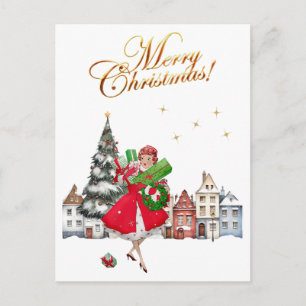 Cartão Postal De Festividades Compras de Natal da Senhora Vintage de 1950