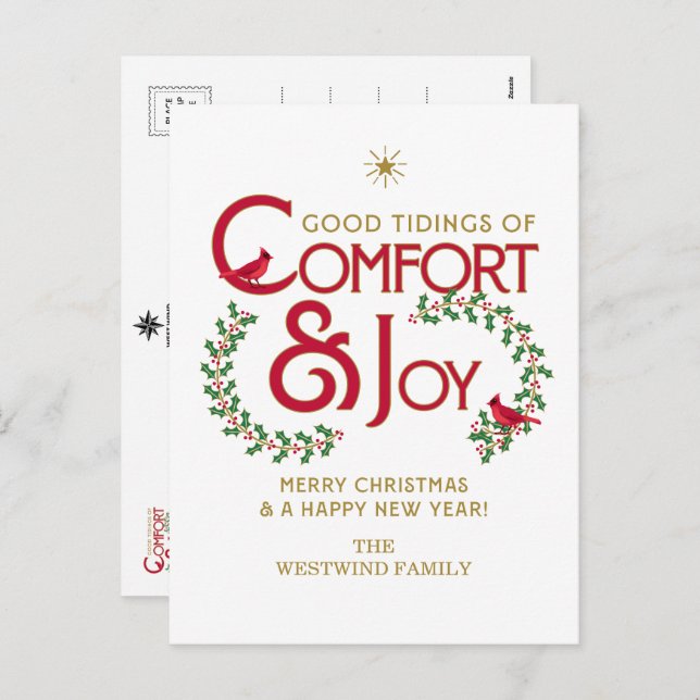 Cartão Postal De Festividades Conforto e alegria Feliz Natal Holly (Frente/Verso)