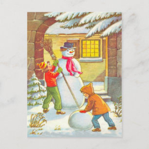 Cartão Postal De Festividades Construindo homens de neve