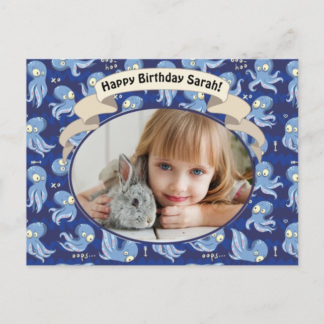 Cartão Postal De Festividades Convidar o Aniversário de criança Azul Octopus Blu (Frente)