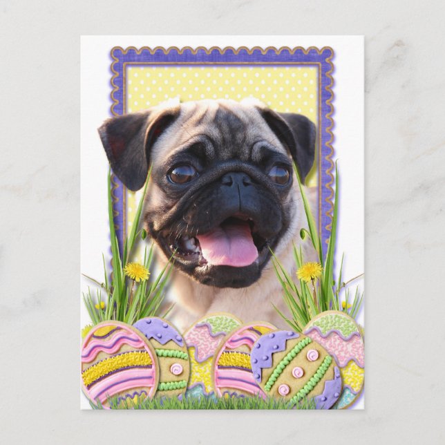 Cartão Postal De Festividades Cookies de Ovos de Páscoa - Pug (Frente)