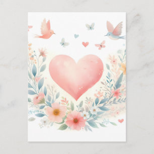 Cartão Postal De Festividades Coração de Aquarela Suave Amor Flores Pássaros